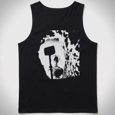 Distressed t-shirt featuring a doll holding a shovel in black, white, and gray — printed on a tank top