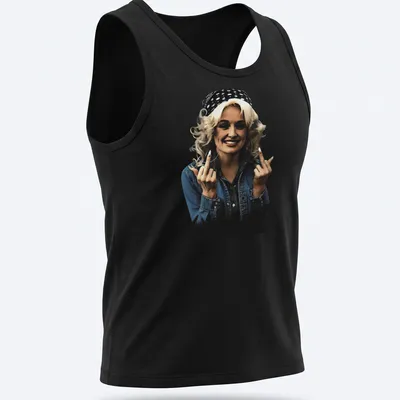 Vintage-style illustration of Dolly Parton giving the finger in black, blue, white, and beige — printed on a tank top