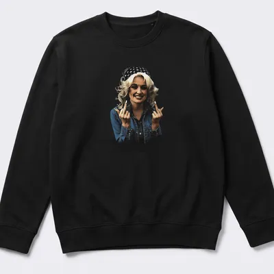 Vintage-style illustration of Dolly Parton giving the finger in black, blue, white, and beige — printed on a unisex sweatshirt