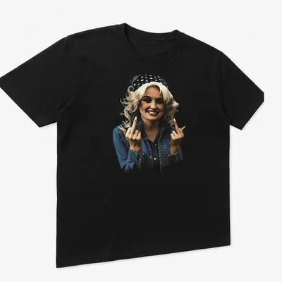 Vintage-style illustration of Dolly Parton giving the finger in black, blue, white, and beige — printed on a unisex t-shirt (angled view)