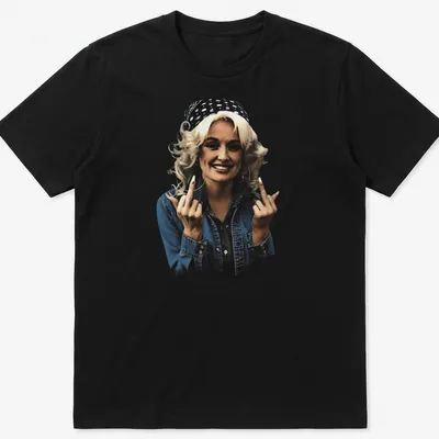 Vintage-style illustration of Dolly Parton giving the finger in black, blue, white, and beige