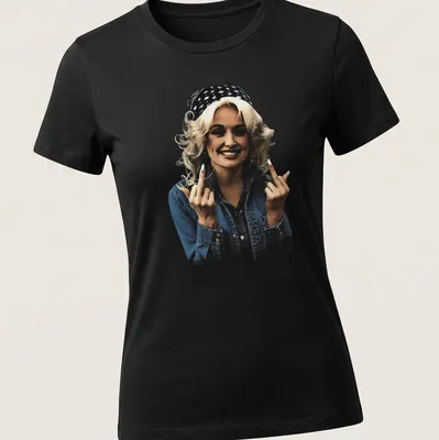Vintage-style illustration of Dolly Parton giving the finger in black, blue, white, and beige — printed on a women's shirt