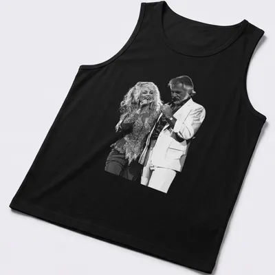 Vintage graphic of Dolly Parton performing with another artist in black and white — printed on a tank top
