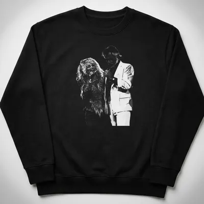 Vintage graphic of Dolly Parton performing with another artist in black and white — printed on a unisex sweatshirt