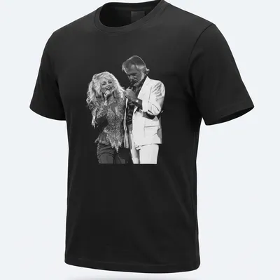 Vintage graphic of Dolly Parton performing with another artist in black and white