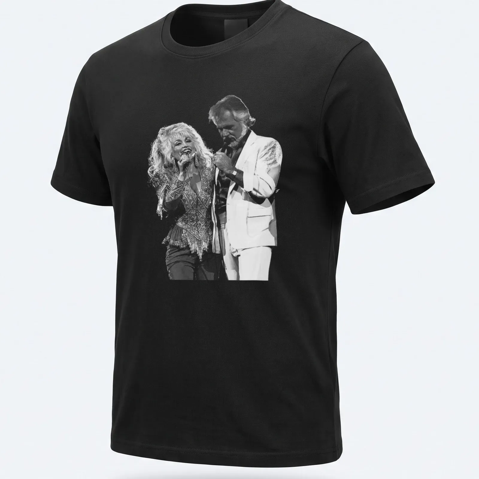 Vintage graphic of Dolly Parton performing with another artist in black and white — printed on a unisex t-shirt