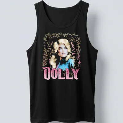 Dolly Parton vintage glam tee featuring leopard print design and bold lettering. — printed on a tank top