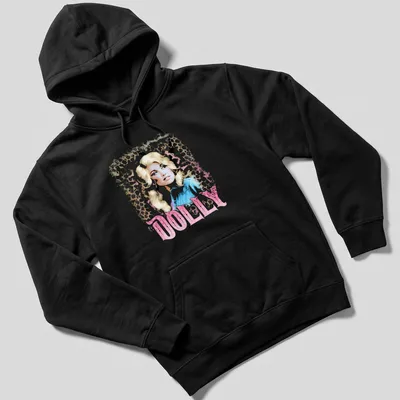 Dolly Parton vintage glam tee featuring leopard print design and bold lettering. — printed on a unisex hoodie
