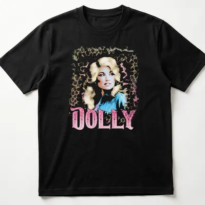 Dolly Parton vintage glam tee featuring leopard print design and bold lettering.