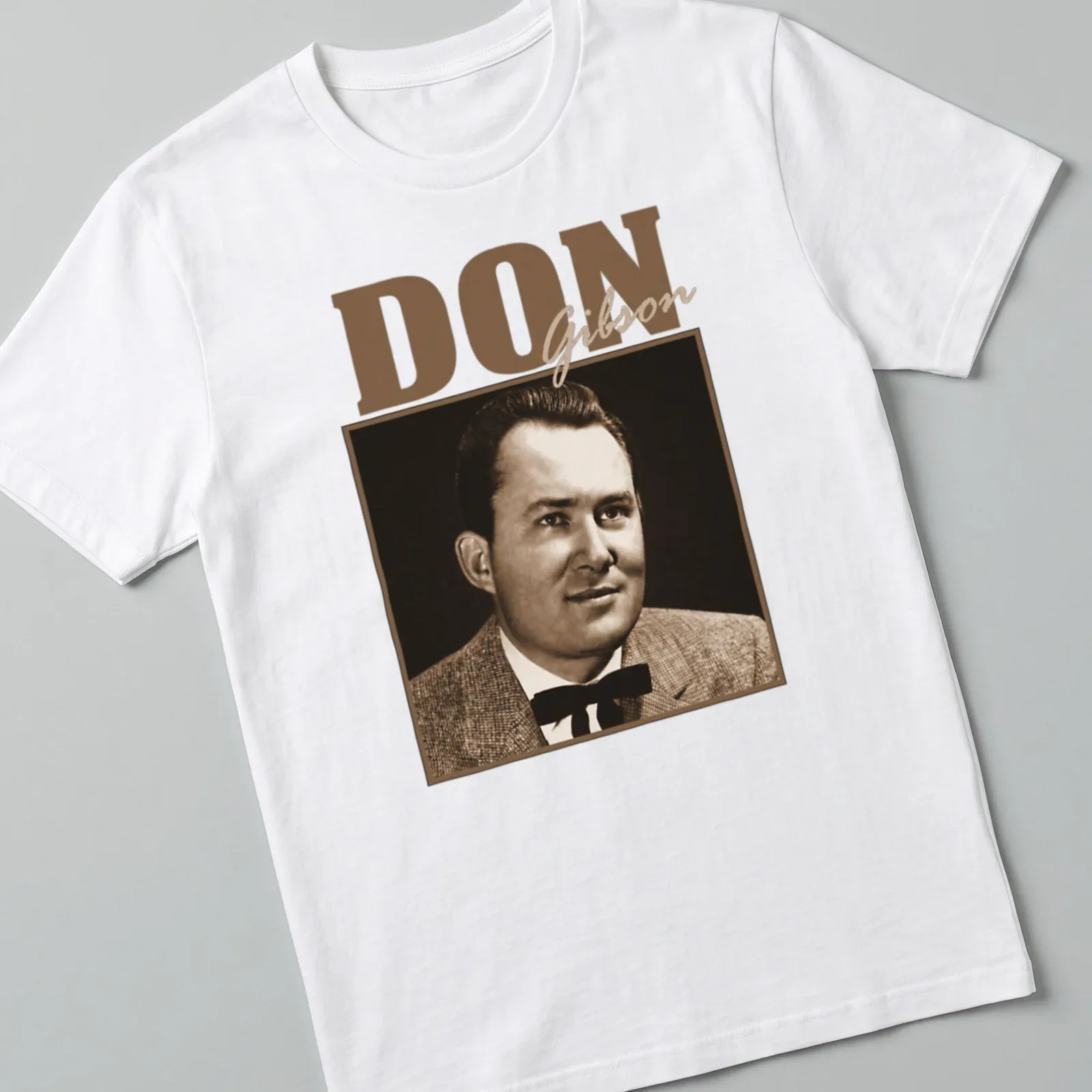 Vintage-style t-shirt featuring a portrait of Don Gibson in classic colors. — printed on a unisex t-shirt