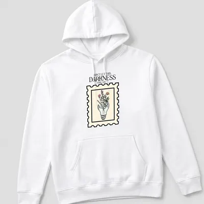 Illustrative design of a light bulb with flowers and text in pastel colors — printed on a unisex hoodie
