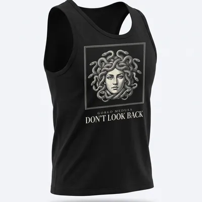 Detailed line art of Gorgo Medusa with snake hair in white and gold — printed on a tank top
