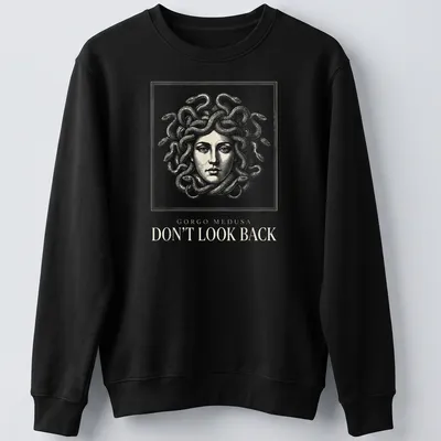 Detailed line art of Gorgo Medusa with snake hair in white and gold — printed on a unisex sweatshirt
