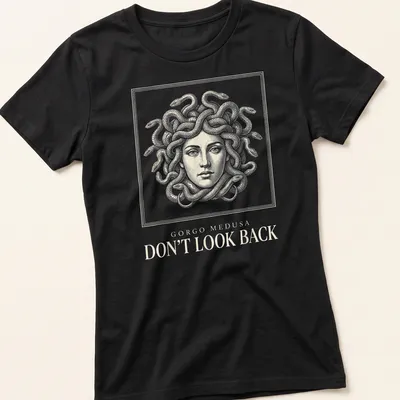 Detailed line art of Gorgo Medusa with snake hair in white and gold — printed on a women's shirt