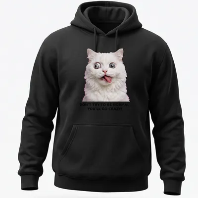Humorous illustration of a crazy white cat with text about normalcy. — printed on a unisex hoodie