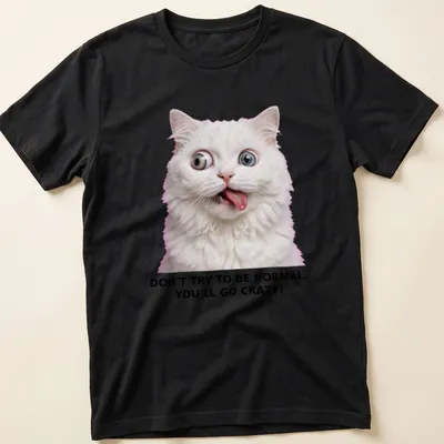 Humorous illustration of a crazy white cat with text about normalcy.