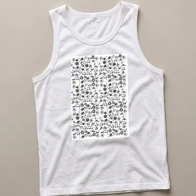 Doodle style sports icons pattern in black and white on — printed on a tank top