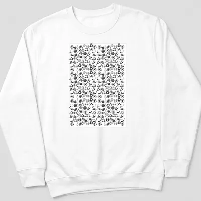 Doodle style sports icons pattern in black and white on — printed on a unisex sweatshirt