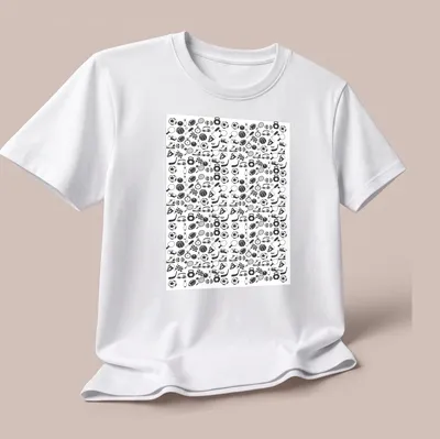 Doodle style sports icons pattern in black and white on — printed on a unisex t-shirt (angled view)