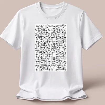 Doodle style sports icons pattern in black and white on T-shirt