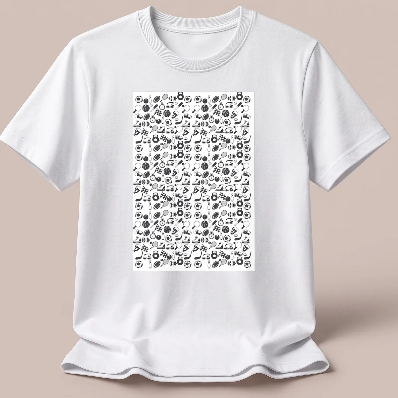 Doodle style sports icons pattern in black and white on — printed on a unisex t-shirt