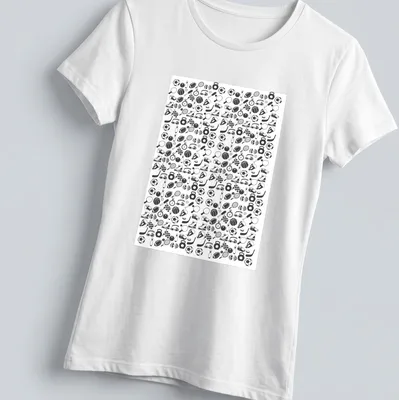 Doodle style sports icons pattern in black and white on — printed on a women's shirt