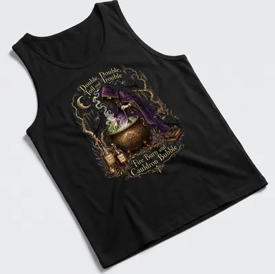 Whimsical illustration of a witch stirring a cauldron with ravens and text about magic — printed on a tank top