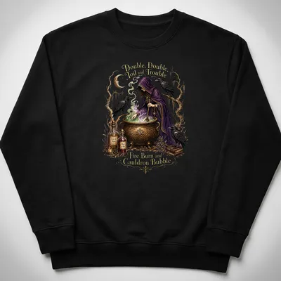 Whimsical illustration of a witch stirring a cauldron with ravens and text about magic — printed on a unisex sweatshirt