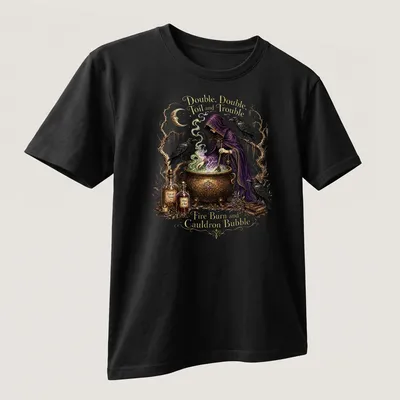 Whimsical illustration of a witch stirring a cauldron with ravens and text about magic — printed on a unisex t-shirt (angled view)