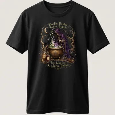 Whimsical illustration of a witch stirring a cauldron with ravens and text about magic