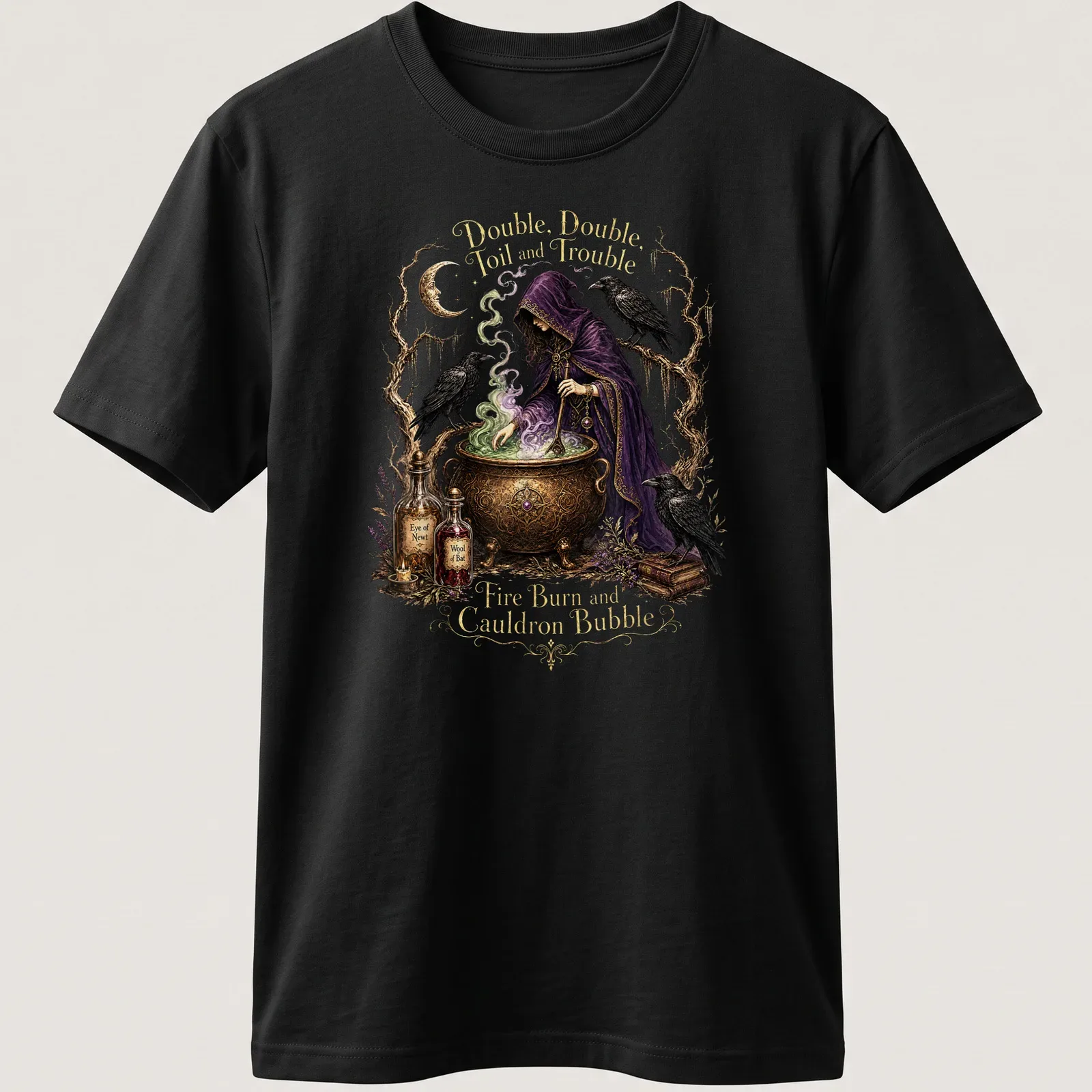 Whimsical illustration of a witch stirring a cauldron with ravens and text about magic — printed on a unisex t-shirt