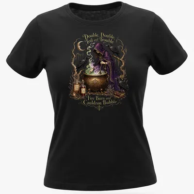 Whimsical illustration of a witch stirring a cauldron with ravens and text about magic — printed on a women's shirt