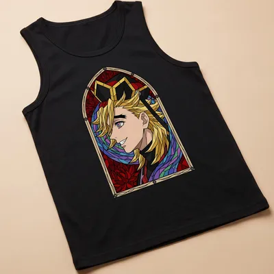 Stained glass design featuring Douma from Demon Slayer with a smile, in vibrant colors. — printed on a tank top
