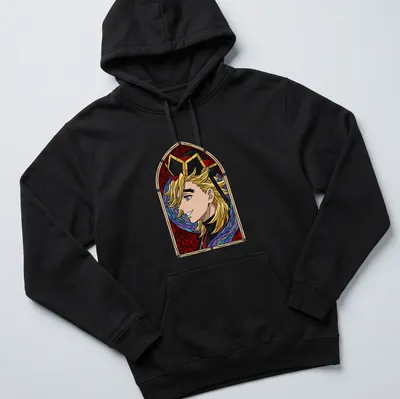 Stained glass design featuring Douma from Demon Slayer with a smile, in vibrant colors. — printed on a unisex hoodie
