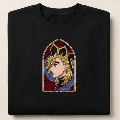 Stained glass design featuring Douma from Demon Slayer with a smile, in vibrant colors. — printed on a unisex sweatshirt