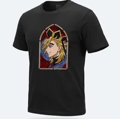 Stained glass design featuring Douma from Demon Slayer with a smile, in vibrant colors.