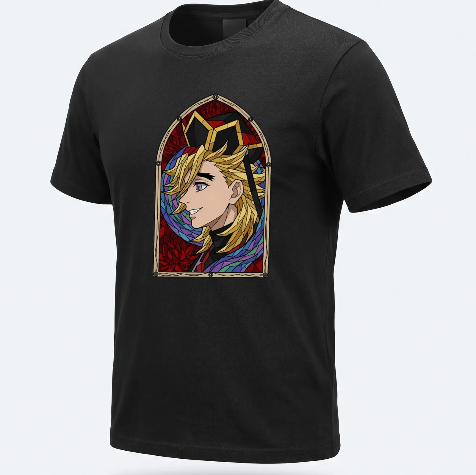 Stained glass design featuring Douma from Demon Slayer with a smile, in vibrant colors. — printed on a unisex t-shirt