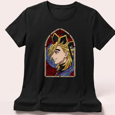 Stained glass design featuring Douma from Demon Slayer with a smile, in vibrant colors. — printed on a women's shirt
