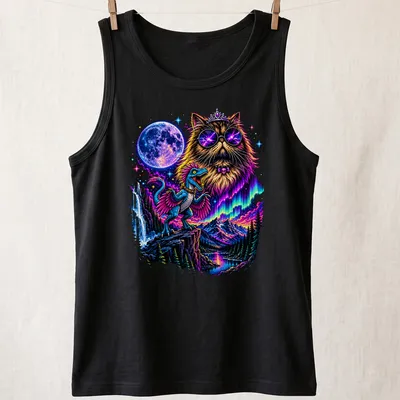 Psychedelic cat with glasses and crown in a colorful vintage design — printed on a tank top
