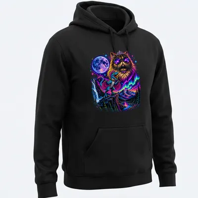 Psychedelic cat with glasses and crown in a colorful vintage design — printed on a unisex hoodie