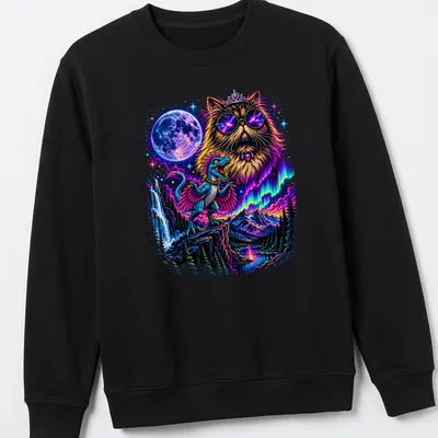 Psychedelic cat with glasses and crown in a colorful vintage design — printed on a unisex sweatshirt