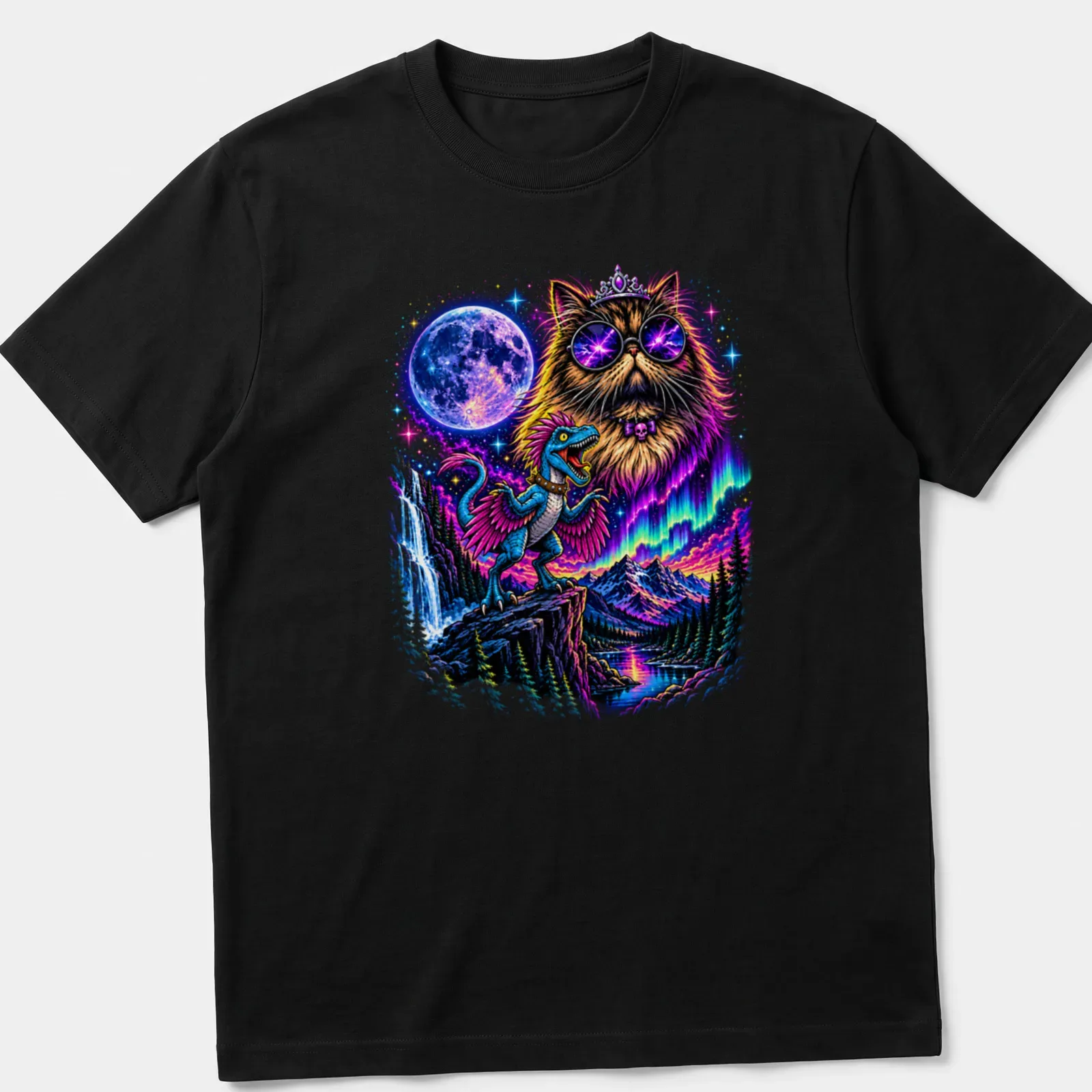 Psychedelic cat with glasses and crown in a colorful vintage design — printed on a unisex t-shirt
