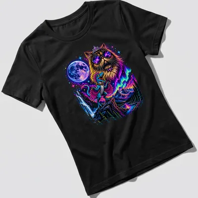 Psychedelic cat with glasses and crown in a colorful vintage design — printed on a women's shirt