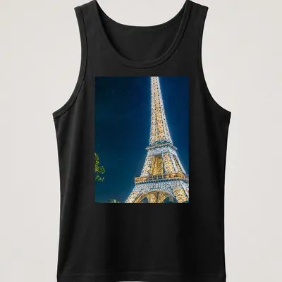Photographic Eiffel Tower illuminated at night in gold, blue, and black — printed on a tank top