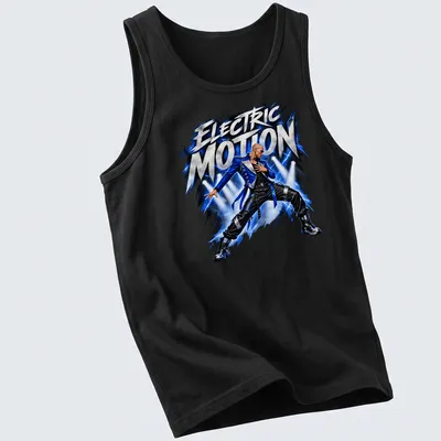 Dynamic dance performer illustration with 'Electric Motion' text in blue, black, silver, and white — printed on a tank top