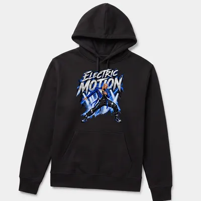 Dynamic dance performer illustration with 'Electric Motion' text in blue, black, silver, and white — printed on a unisex hoodie