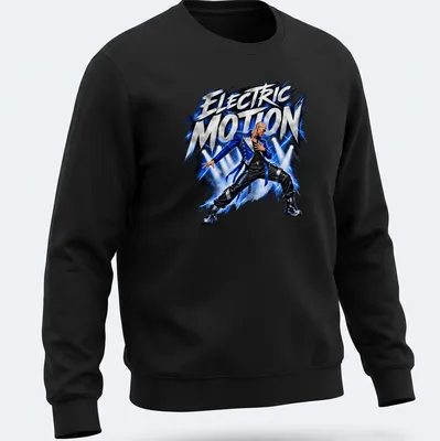 Dynamic dance performer illustration with 'Electric Motion' text in blue, black, silver, and white — printed on a unisex sweatshirt