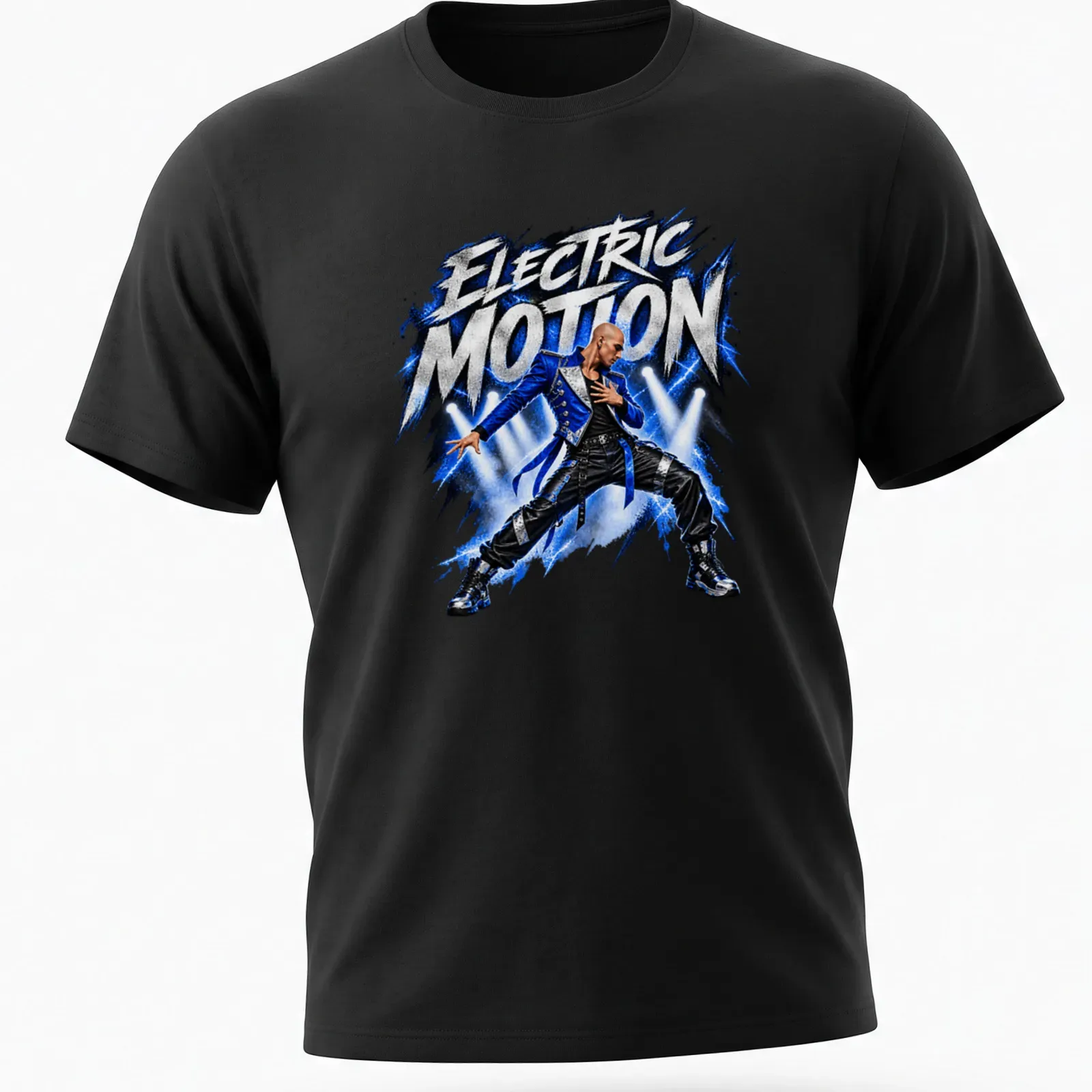 Dynamic dance performer illustration with 'Electric Motion' text in blue, black, silver, and white — printed on a unisex t-shirt