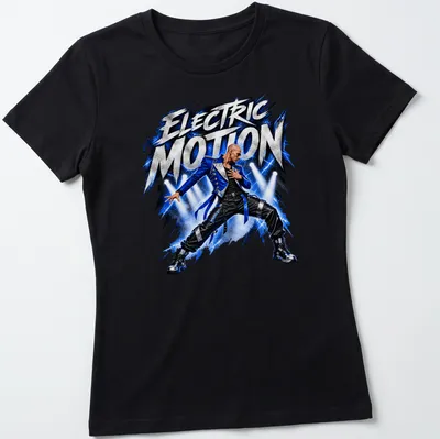 Dynamic dance performer illustration with 'Electric Motion' text in blue, black, silver, and white — printed on a women's shirt