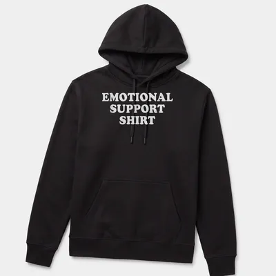 Bold text reading Emotional Support Shirt on a white — printed on a unisex hoodie